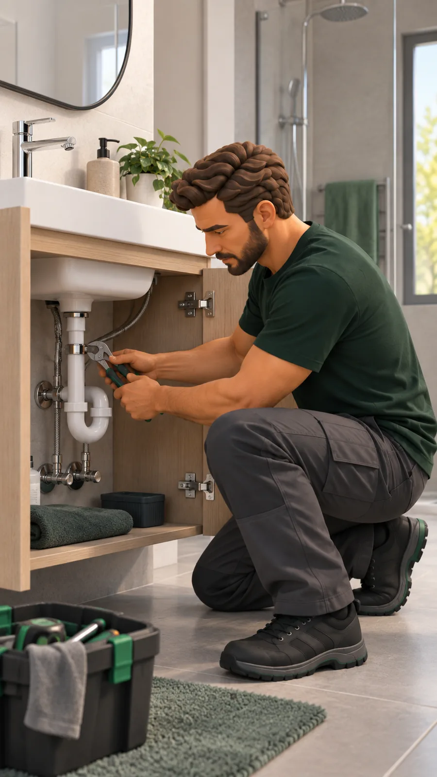 Plombier intervenant sous un meuble de salle de bain